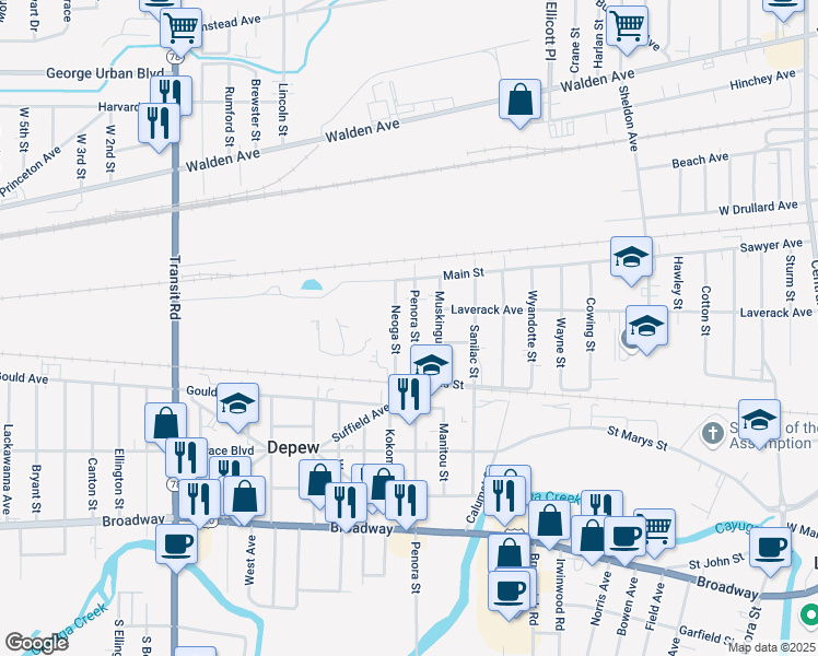 map of restaurants, bars, coffee shops, grocery stores, and more near 537 Penora Street in Depew