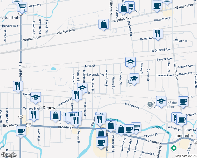 map of restaurants, bars, coffee shops, grocery stores, and more near 218 Calumet Street in Depew