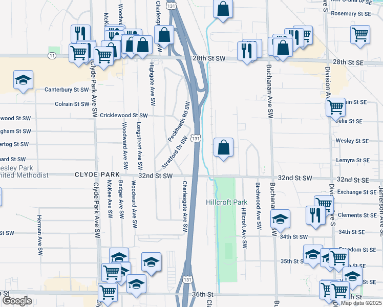 map of restaurants, bars, coffee shops, grocery stores, and more near 3116 Copley Street Southwest in Wyoming
