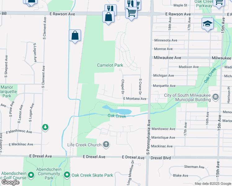 map of restaurants, bars, coffee shops, grocery stores, and more near 7544 South Lynhaven Drive in Oak Creek