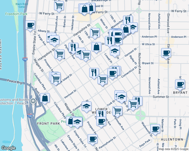 map of restaurants, bars, coffee shops, grocery stores, and more near 248 Vermont Street in Buffalo