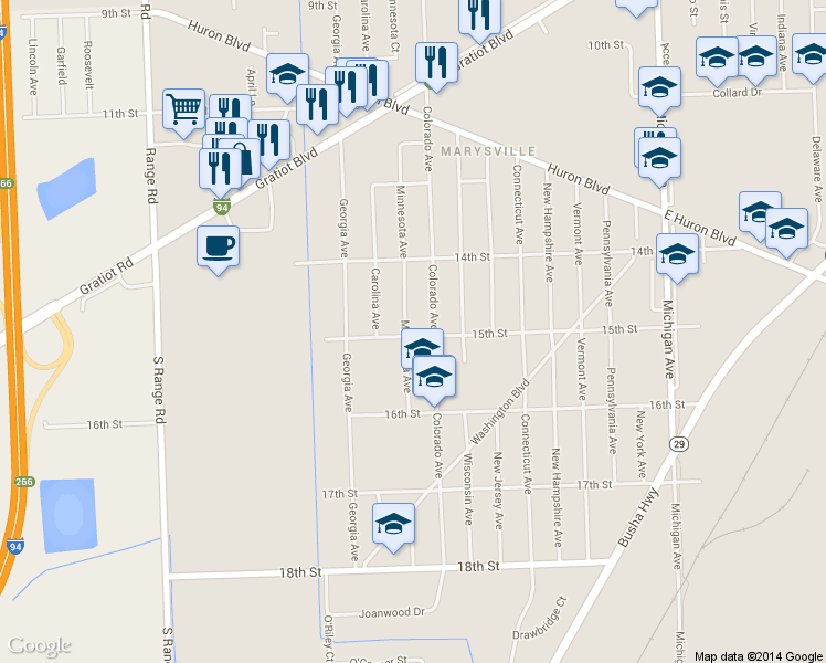 map of restaurants, bars, coffee shops, grocery stores, and more near 918 15th Street in Marysville