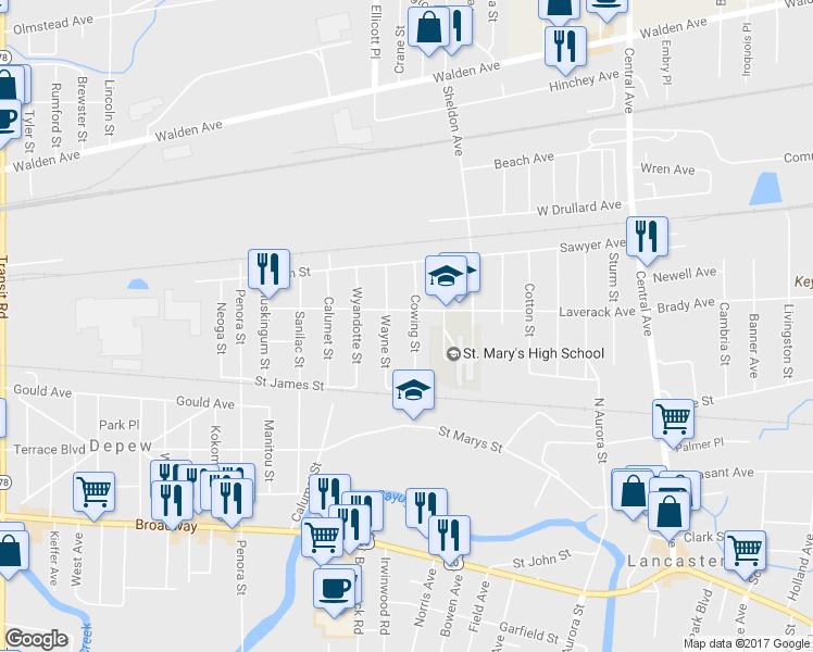 map of restaurants, bars, coffee shops, grocery stores, and more near 35 Cowing Street in Depew