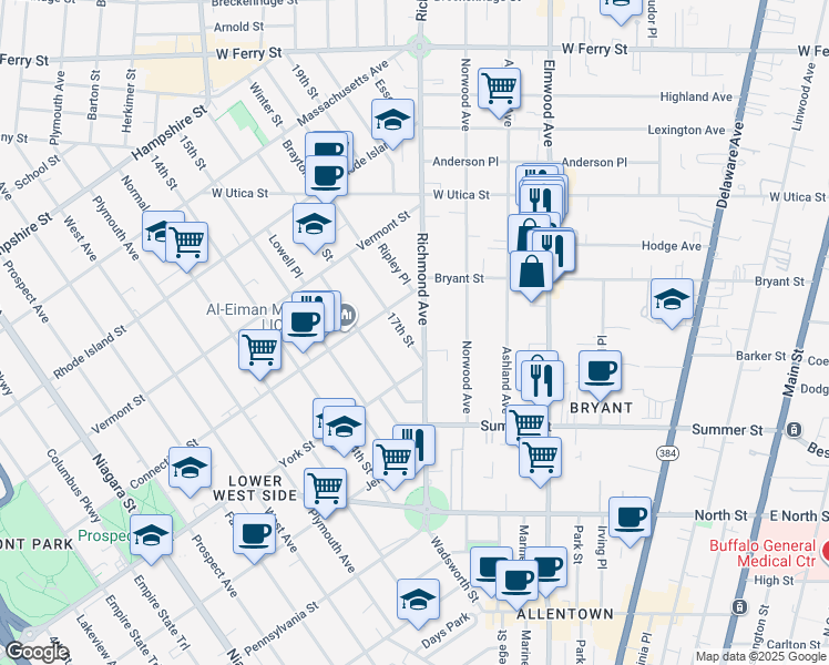 map of restaurants, bars, coffee shops, grocery stores, and more near 184 Richmond Avenue in Buffalo