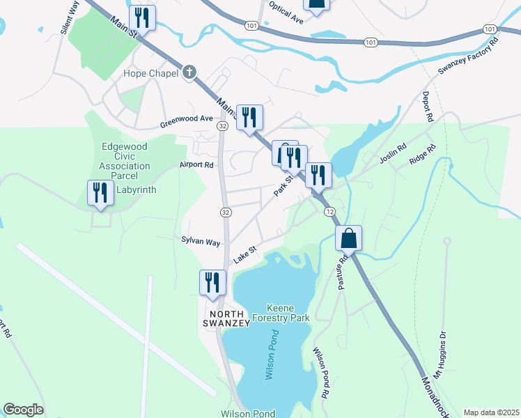 map of restaurants, bars, coffee shops, grocery stores, and more near 34 Park Street in Keene