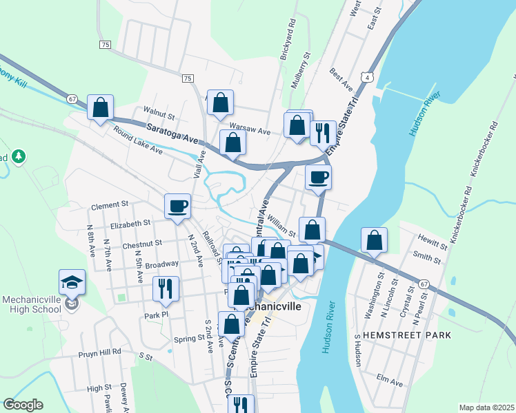 map of restaurants, bars, coffee shops, grocery stores, and more near 126 North Central Avenue in Mechanicville