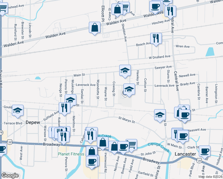 map of restaurants, bars, coffee shops, grocery stores, and more near 35 Cowing Street in Depew