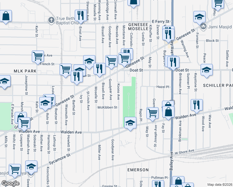map of restaurants, bars, coffee shops, grocery stores, and more near 415 Goodyear Avenue in Buffalo