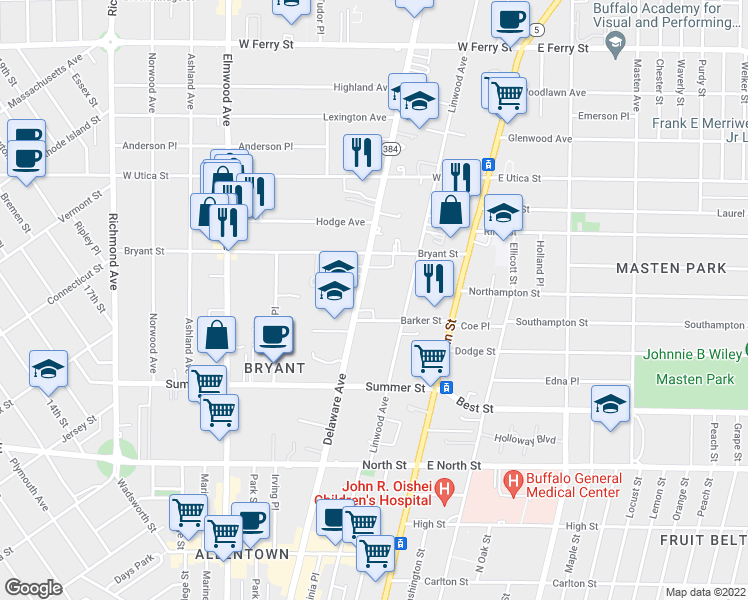 map of restaurants, bars, coffee shops, grocery stores, and more near 848 Delaware Avenue in Buffalo