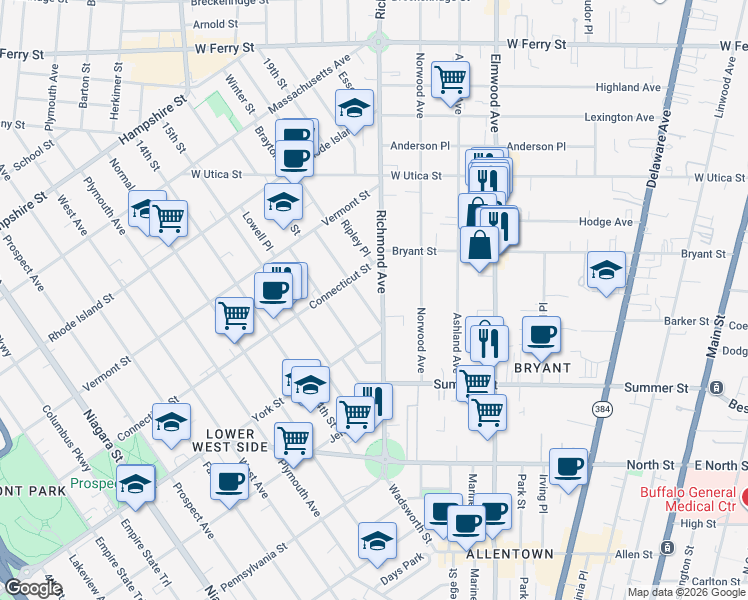 map of restaurants, bars, coffee shops, grocery stores, and more near 184 Richmond Avenue in Buffalo