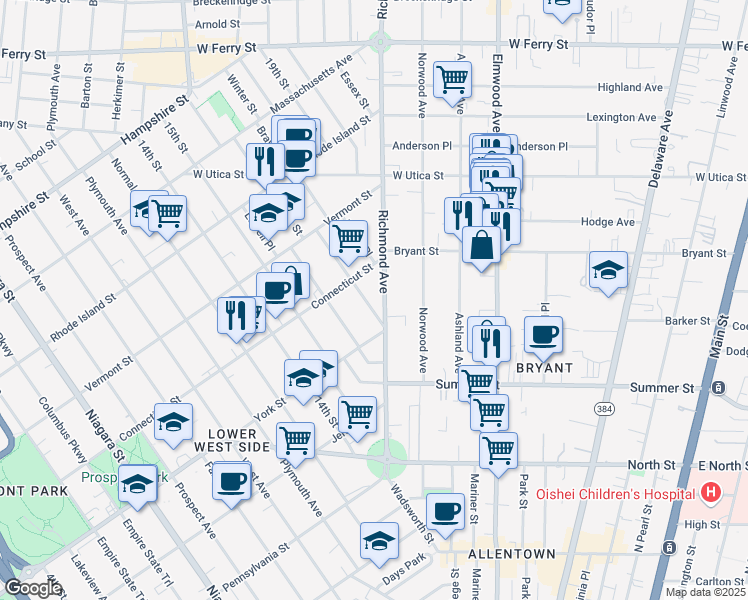 map of restaurants, bars, coffee shops, grocery stores, and more near 184 Richmond Avenue in Buffalo