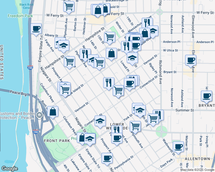 map of restaurants, bars, coffee shops, grocery stores, and more near 248 Vermont Street in Buffalo