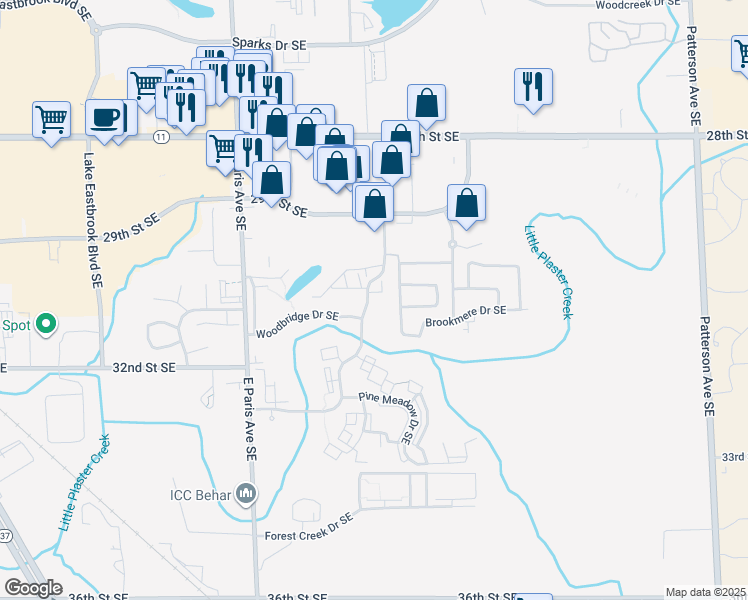 map of restaurants, bars, coffee shops, grocery stores, and more near 3160 Poplar Creek Drive Southeast in Kentwood