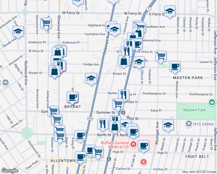 map of restaurants, bars, coffee shops, grocery stores, and more near 186 Linwood Avenue in Buffalo