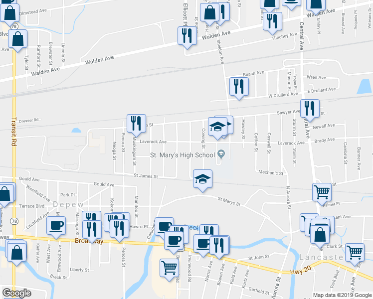 map of restaurants, bars, coffee shops, grocery stores, and more near 35 Wayne Street in Depew