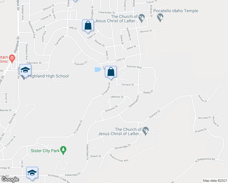 map of restaurants, bars, coffee shops, grocery stores, and more near 1763 Sunrise Way in Pocatello