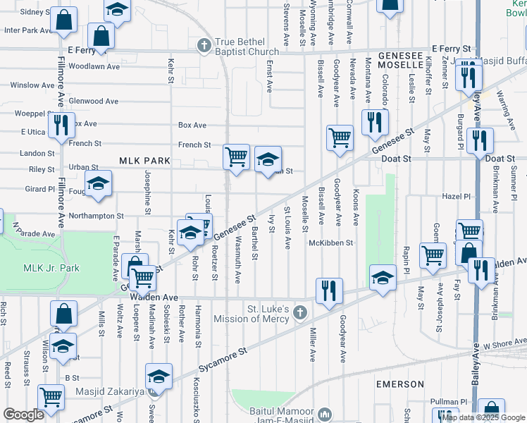 map of restaurants, bars, coffee shops, grocery stores, and more near 1440 Genesee Street in Buffalo