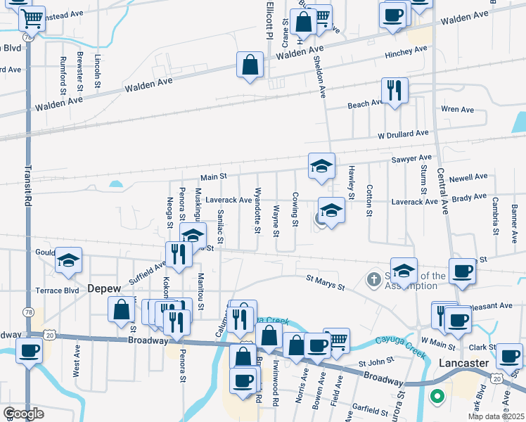 map of restaurants, bars, coffee shops, grocery stores, and more near 65 Wyandotte Street in Depew