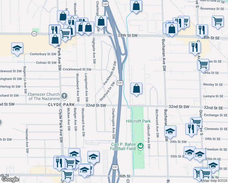map of restaurants, bars, coffee shops, grocery stores, and more near 3124 Stratford Drive Southwest in Wyoming