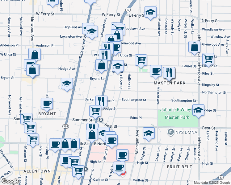 map of restaurants, bars, coffee shops, grocery stores, and more near 39 Northampton St in Buffalo
