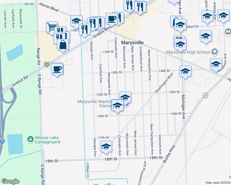 map of restaurants, bars, coffee shops, grocery stores, and more near 918 15th Street in Marysville