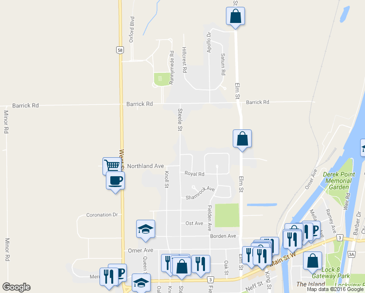 map of restaurants, bars, coffee shops, grocery stores, and more near 1017 Steele Street in Port Colborne