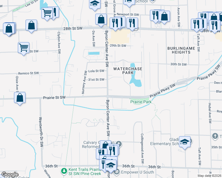map of restaurants, bars, coffee shops, grocery stores, and more near 3138 Byron Center Avenue Southwest in Wyoming