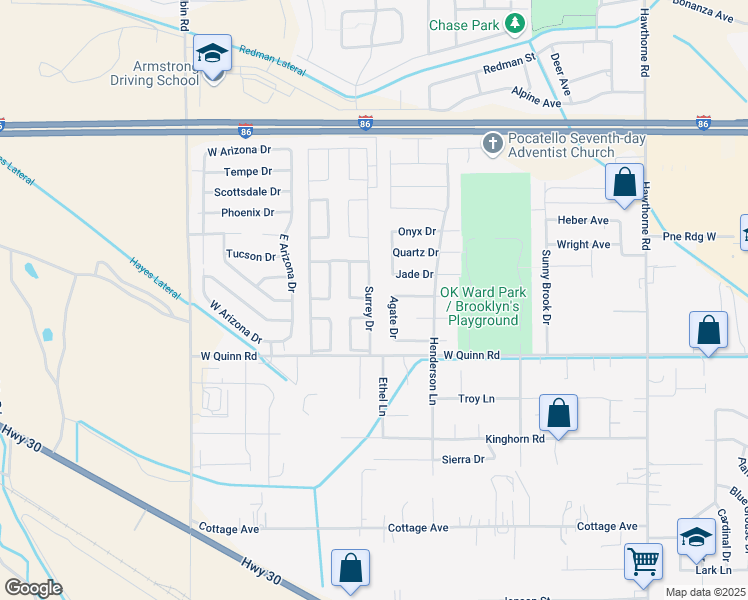 map of restaurants, bars, coffee shops, grocery stores, and more near 28 Surrey Drive in Pocatello