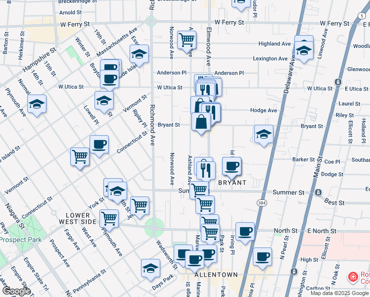 map of restaurants, bars, coffee shops, grocery stores, and more near 96 Ashland Avenue in Buffalo