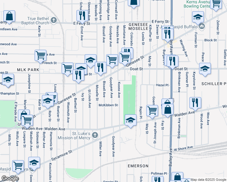 map of restaurants, bars, coffee shops, grocery stores, and more near 415 Goodyear Avenue in Buffalo