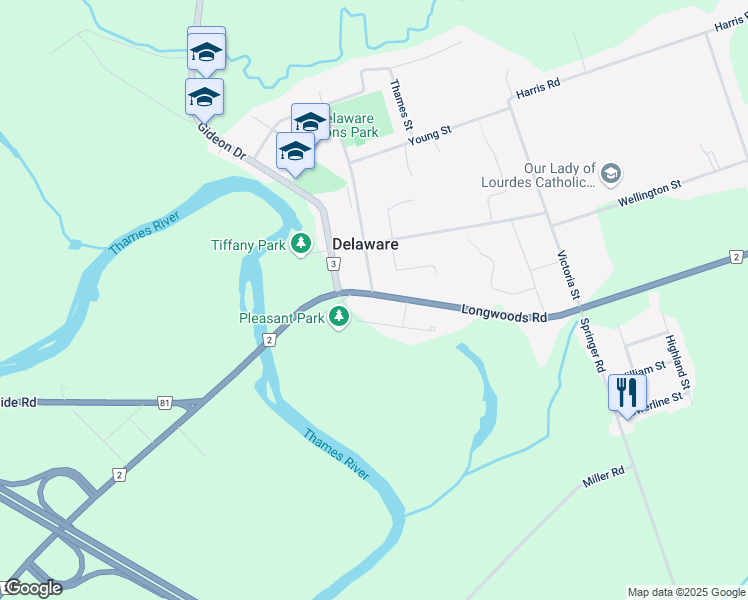 map of restaurants, bars, coffee shops, grocery stores, and more near 11543 Longwoods Road in Delaware