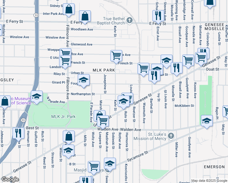 map of restaurants, bars, coffee shops, grocery stores, and more near 924 Northampton Street in Buffalo