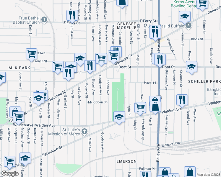 map of restaurants, bars, coffee shops, grocery stores, and more near 411 Koons Avenue in Buffalo