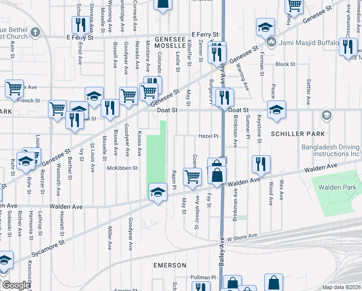 map of restaurants, bars, coffee shops, grocery stores, and more near 254 May Street in Buffalo