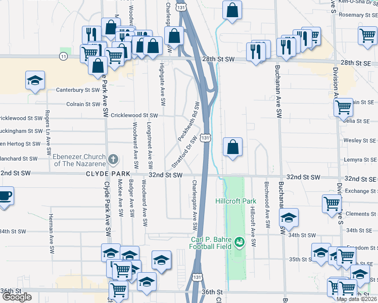 map of restaurants, bars, coffee shops, grocery stores, and more near 3124 Stratford Drive Southwest in Wyoming