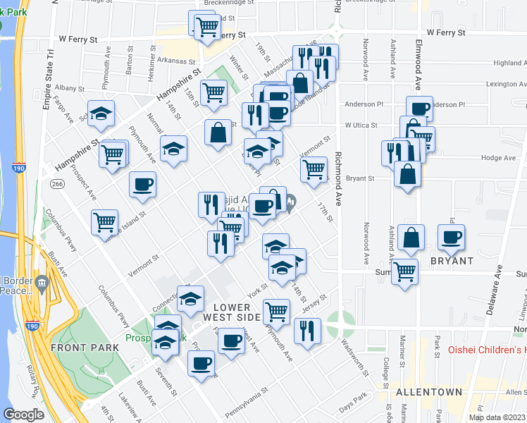 map of restaurants, bars, coffee shops, grocery stores, and more near 98 15th Street in Buffalo
