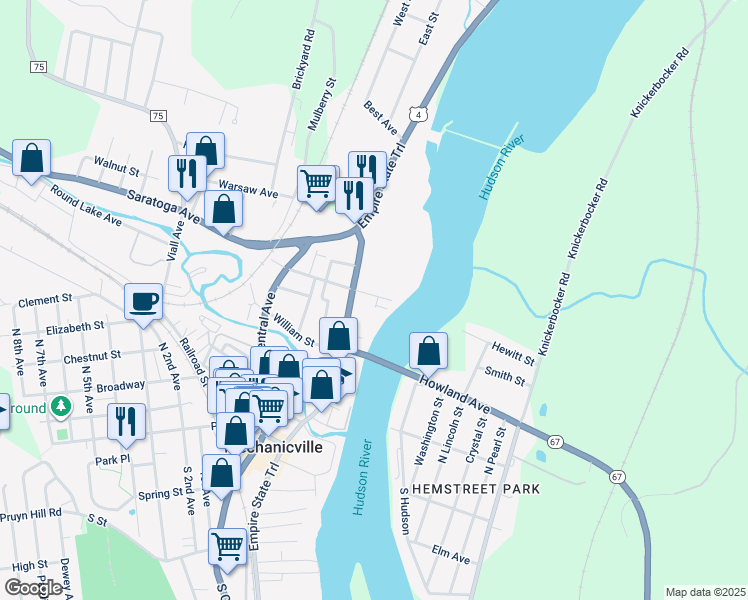 map of restaurants, bars, coffee shops, grocery stores, and more near 17 East Saratoga Avenue in Mechanicville
