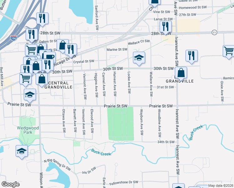 map of restaurants, bars, coffee shops, grocery stores, and more near 3134 Harvest Avenue Southwest in Grandville