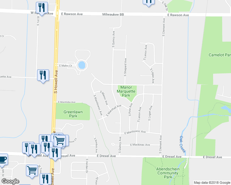map of restaurants, bars, coffee shops, grocery stores, and more near 7530 South Quincy Avenue in Oak Creek