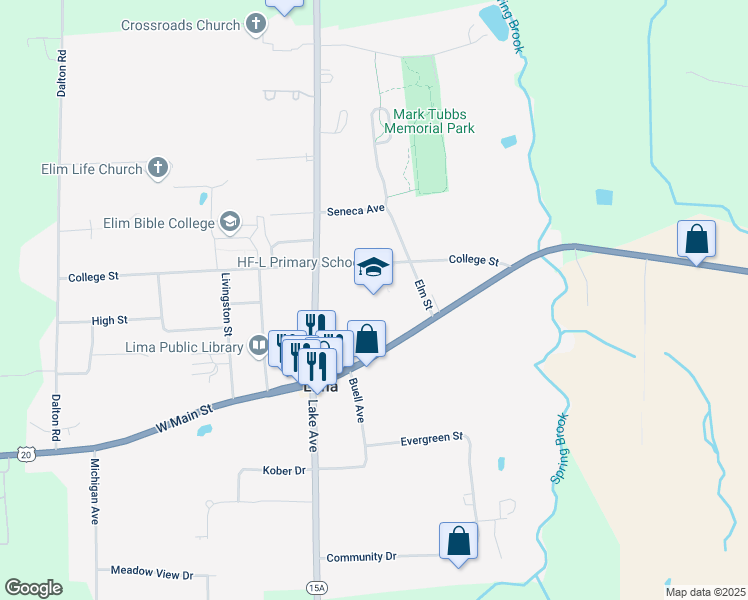 map of restaurants, bars, coffee shops, grocery stores, and more near 7342 College Street in Lima