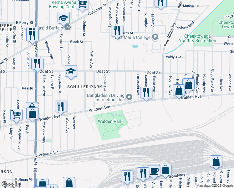 map of restaurants, bars, coffee shops, grocery stores, and more near 39 Briscoe Avenue in Buffalo
