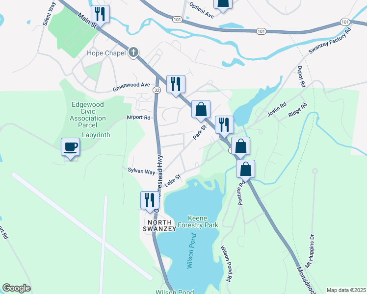 map of restaurants, bars, coffee shops, grocery stores, and more near 34 Park Street in Keene