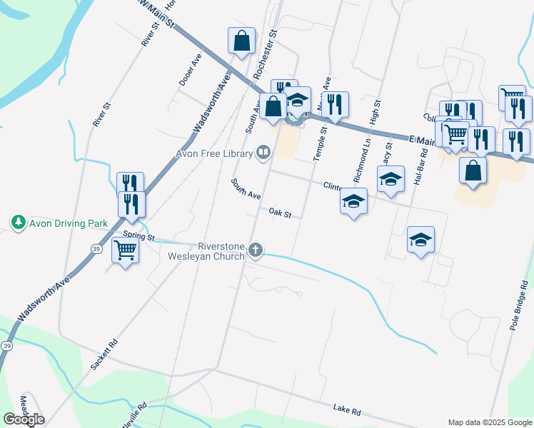 map of restaurants, bars, coffee shops, grocery stores, and more near 24 Oak Street in Avon