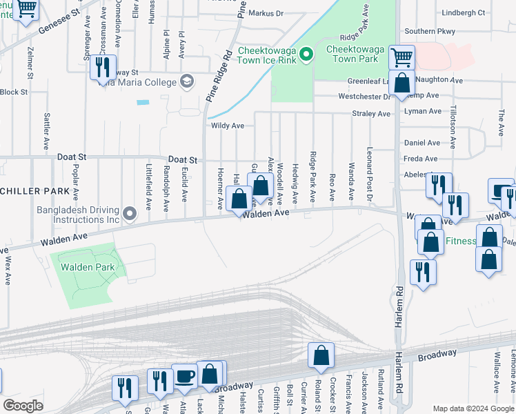 map of restaurants, bars, coffee shops, grocery stores, and more near in Cheektowaga