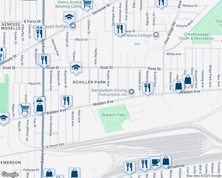 map of restaurants, bars, coffee shops, grocery stores, and more near 45 Poplar Avenue in Buffalo