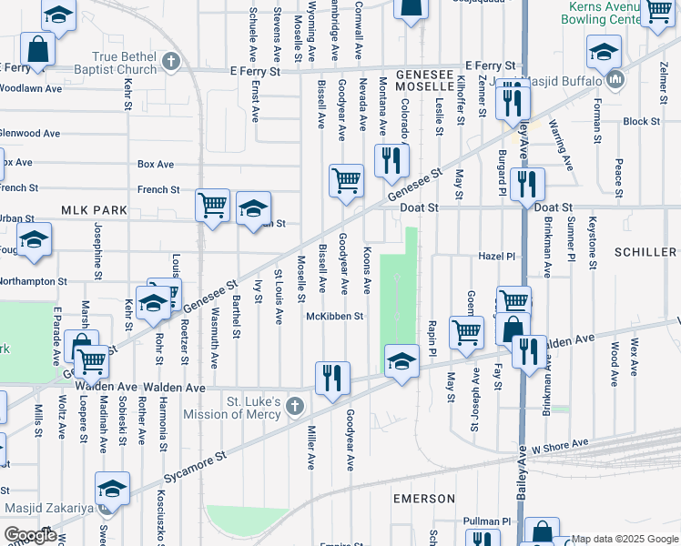 map of restaurants, bars, coffee shops, grocery stores, and more near 415 Goodyear Avenue in Buffalo