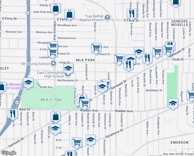 map of restaurants, bars, coffee shops, grocery stores, and more near 924 Northampton Street in Buffalo