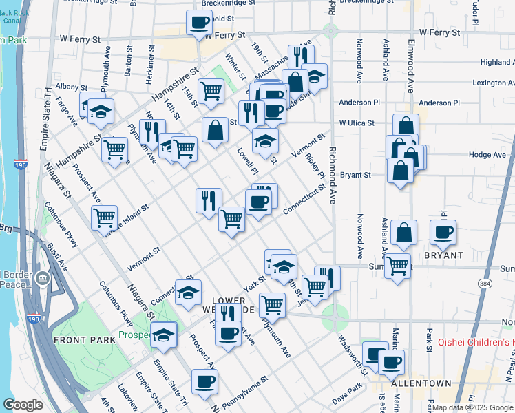 map of restaurants, bars, coffee shops, grocery stores, and more near 98 15th Street in Buffalo