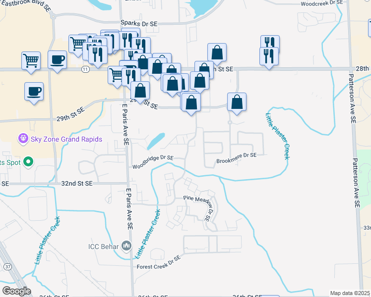 map of restaurants, bars, coffee shops, grocery stores, and more near 3160 Poplar Creek Drive Southeast in Kentwood