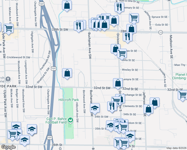 map of restaurants, bars, coffee shops, grocery stores, and more near 130 Manchester Road Southwest in Grand Rapids